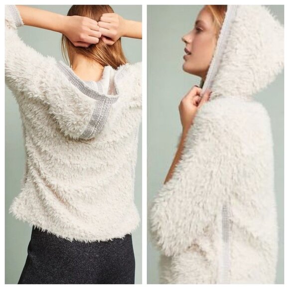 Anthropologie Akemi + Kin Teddy Sherpa Pullover L Cozy Winter Cabincore Hooded - Picture 2 of 14